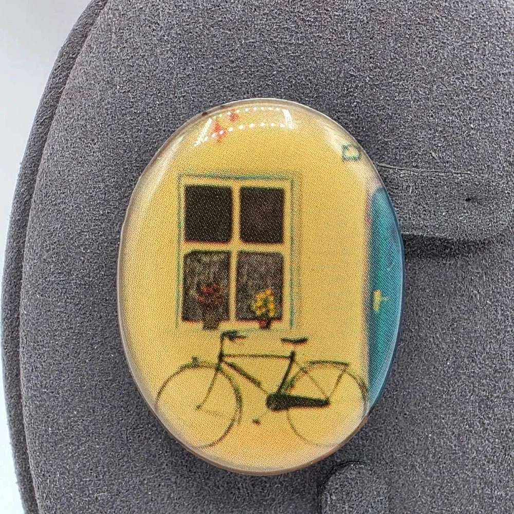 Vintage Bicycle‎ Window Scene Oval Resin Brooch Yellow Teal Whimsical Art Pin